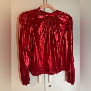 4/$25 SALE VINTAGE Metallic Bold Red Long Sleeve Shiny Blouse Size Large Holiday